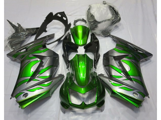 Green and Silver Flame 2008-2012 Kawasaki Ninja 250 Motorcycle Fairing